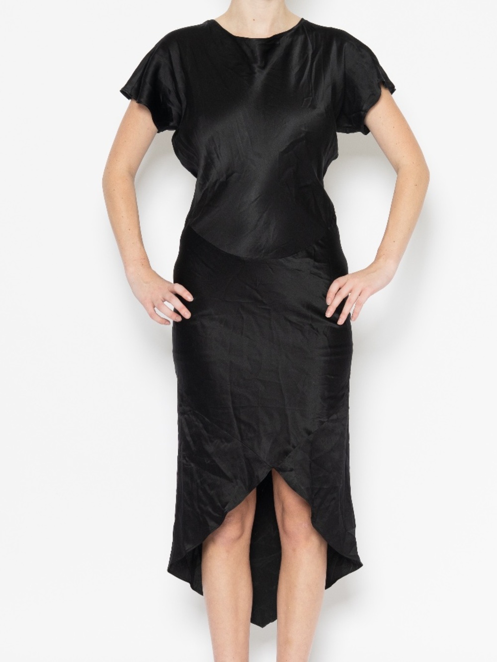 BEBE silk formal dress black midi length size xs back cutout cowl neck